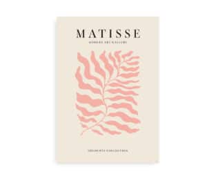 Plakat med en stor organisk form i rosa, inspireret af Henri Matisses découpage-stil, med teksten "Matisse Modern Art Gallery" øverst.