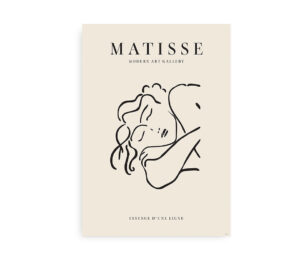 Plakat med sort linjetegning af en hvilende person, inspireret af Henri Matisses kunst, med teksten "Matisse Modern Art Gallery".