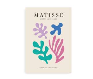 Plakat med farverige organiske former inspireret af Henri Matisses découpage-stil med teksten "Matisse Modern Art Gallery" øverst.