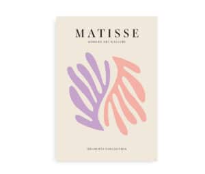 Plakat med to organiske former i lilla og rosa, inspireret af Henri Matisses découpage-stil, med teksten "Matisse Modern Art Gallery" øverst.