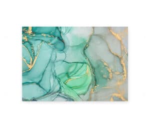 Abstrakt plakat med grønne og gyldne nuancer i flydende mønster.