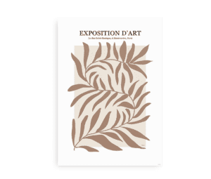Kunstplakat med tekst "Exposition d'art" og bladmotiv i beige og brunlige toner.