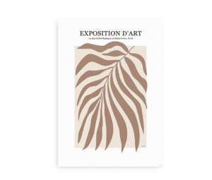 Kunstplakat med teksten "Exposition d'art" og et enkelt bladmotiv i brunlige nuancer.