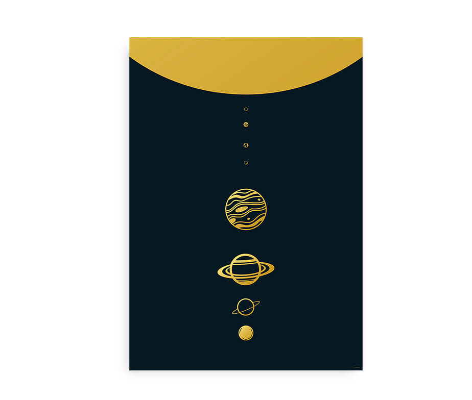 Plakat med solsystemet - moderne farver i guld