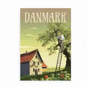 Plakat med mand, der plukker æbler i træ ved bondehus