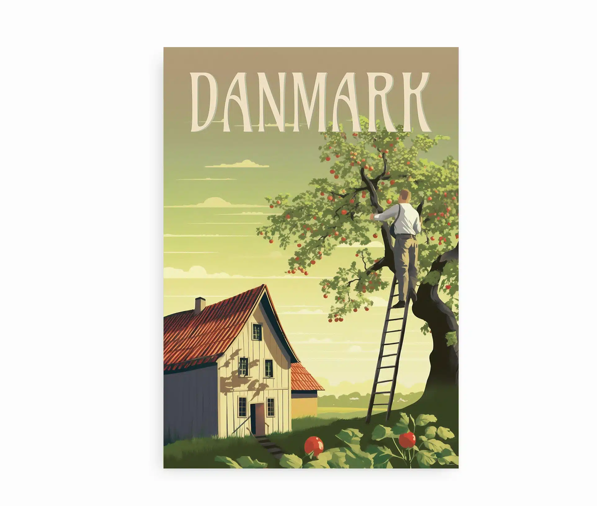 Plakat med mand, der plukker æbler i træ ved bondehus