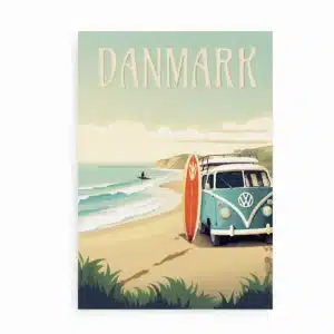 Plakat med VW bus og surfbræt på strand ved Cold Hawaii