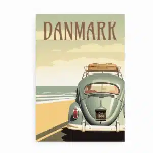 Danmark plakat med blå VW Folkevogn parkeret ved stranden.