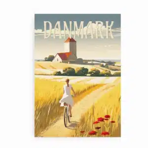Plakat med kvinde på cykel gennem kornmark mod dansk kirke