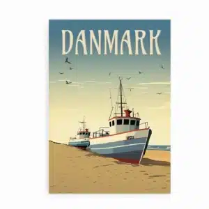 Danmark plakat med fiskerbåde på stranden ved Vesterhavet i retro stil.