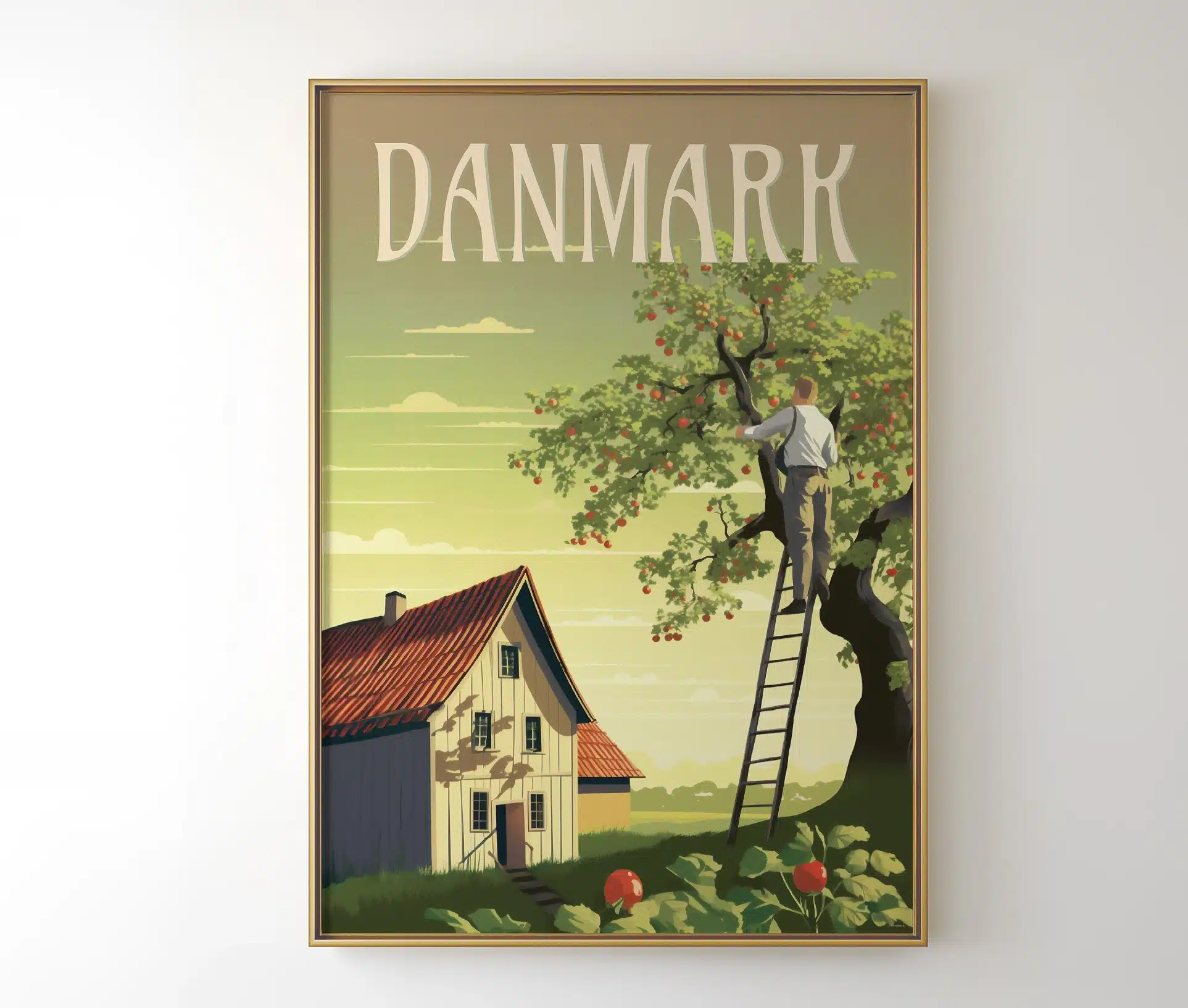Danmark plakat i ramme med æbletræ og bondehus