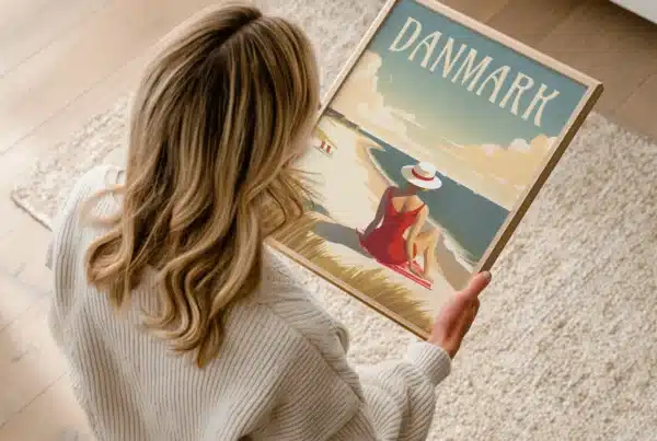 Kvinde holder en "Danmark – Vestkysten plakat" med motiv af kvinde i rød badedragt på stranden.