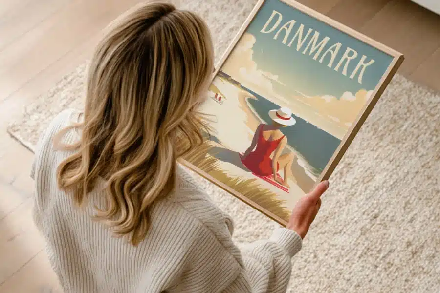 Kvinde holder en "Danmark – Vestkysten plakat" med motiv af kvinde i rød badedragt på stranden.