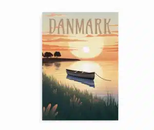 Plakat med motiv af robåd på stille sø ved solnedgang – Danmark ved søerne.