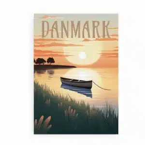 Plakat med motiv af robåd på stille sø ved solnedgang – Danmark ved søerne.