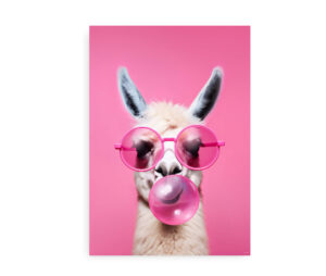 Plakat med en lama iført pink solbriller, der puster en lyserød tyggegummiboble, på en pink baggrund.