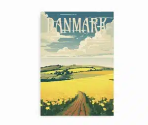 Plakat med dansk sommerlandskab og gule rapsmarker
