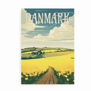 Plakat med dansk sommerlandskab og gule rapsmarker