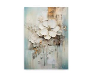 Plakat med et kunstnerisk motiv af en stor blomst i lyse toner, omgivet af teksturer og abstrakte detaljer.