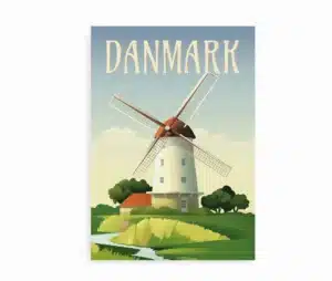 Plakat med dansk vindmølle i sommerlandskab