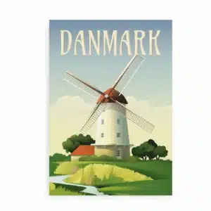 Plakat med dansk vindmølle i sommerlandskab