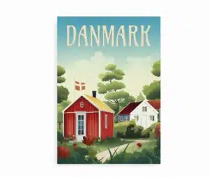 Plakat med rødt kolonihavehus og dannebrog i grønne omgivelser