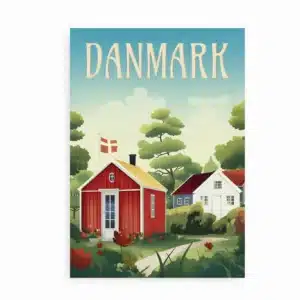 Plakat med rødt kolonihavehus og dannebrog i grønne omgivelser