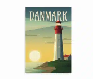 Plakat med dansk fyrtårn i solnedgang ved kysten
