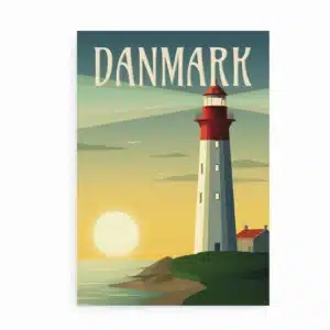 Plakat med dansk fyrtårn i solnedgang ved kysten