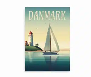 Plakat med sejlbåd og fyrtårn i roligt hav