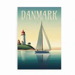 Plakat med sejlbåd og fyrtårn i roligt hav