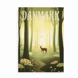 Plakat med kronhjort i dansk skov omgivet af grønne træer og gyldent lys