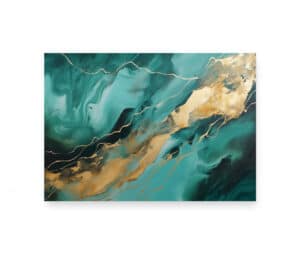 Abstrakt motiv i turkise og gyldne nuancer med flydende linjer og marbling-effekt