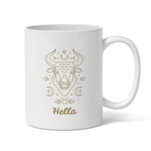 Krus i hvidt med et gyldent motiv af stjernetegnet Tyren og personligt navn