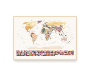 Verdenskortplakat i lyse nuancer med alle landes navne og flag nederst