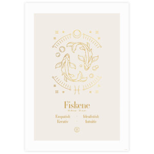 Fiskene stjernetegn plakat med gyldent motiv og beige baggrund.