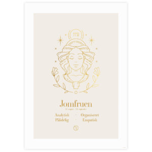 Stjernetegn plakat for Jomfruen i beige og guld med en elegant illustration og stjernetegnets kendetegn.