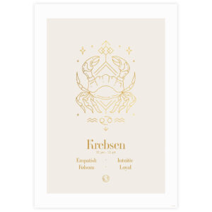 Stjernetegn plakat for Krebsen i guld og beige design med illustration af en krabbe og stjernetegnets nøgleord.