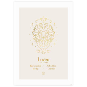 Stjernetegn plakat for Løven i guld og beige design med illustration af en løve og stjernetegnets nøgleord.