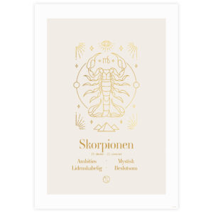 Stjernetegnplakat for Skorpionen med gylden illustration og tekst på beige baggrund.