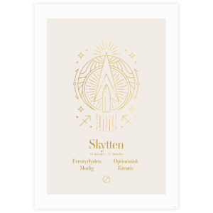 Stjernetegnplakat for Skytten med gylden illustration og tekst på beige baggrund.