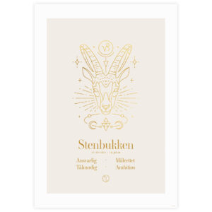 Stjernetegnplakat med Stenbukken, dekoreret med gulddetaljer og egenskaber forbundet med tegnet.