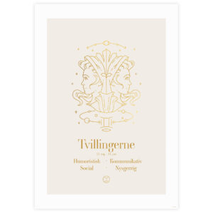 Stjernetegn plakat for Tvillingerne i beige og guld med illustration af to ansigter og nøgleord.