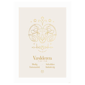 Stjernetegn plakat med illustration af Vædderen i guld på beige baggrund.