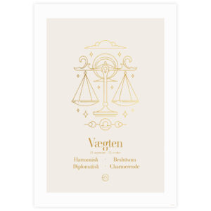 Stjernetegnplakat for Vægten med gylden illustration og tekst på lys beige baggrund.