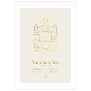 Stjernetegn plakat med illustration af Vandmanden i guld på beige baggrund.