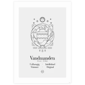 Stjernetegn plakat med illustration af Vandmanden i sort-hvid på lys grå baggrund.