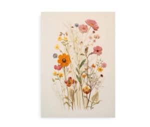 Plakat med et motiv af vilde blomster i forskellige farver som orange, lyserød og gul på en lys baggrund.