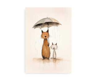 Plakat med tegning af to søde katte i regnvejr, hvor den ene holder en paraply for at skærme mod regndråberne.