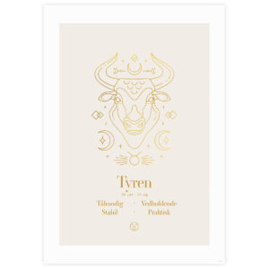 Stjernetegn plakat for Tyren med guldillustration af en tyr på beige baggrund.